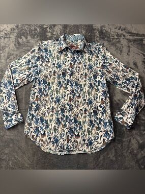 Robert Graham White Button-Down Shirt with Blue and Brown Floral Scrolls